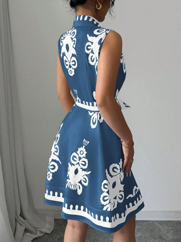 Women’s Fashion Printed Waist Tie Sleeveless Dress