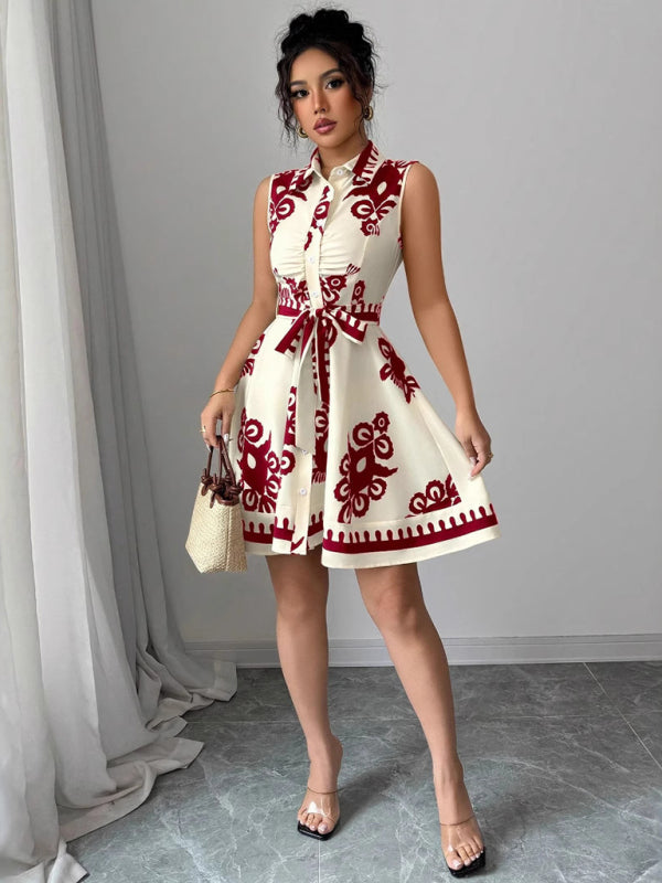 Women’s Fashion Printed Waist Tie Sleeveless Dress