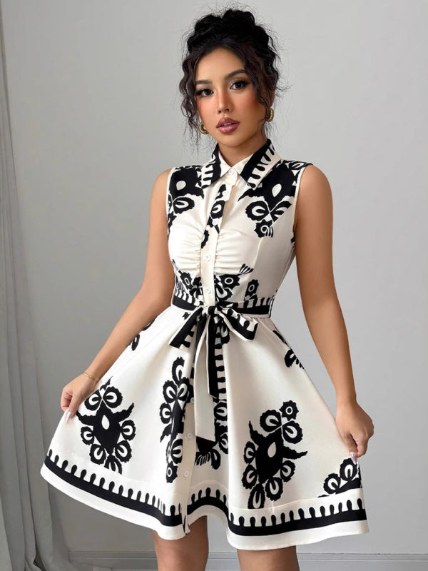 Women’s Fashion Printed Waist Tie Sleeveless Dress - Black / S