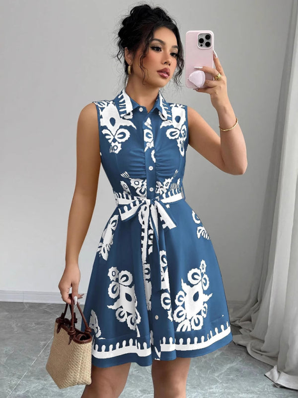 Women’s Fashion Printed Waist Tie Sleeveless Dress - Blue / S