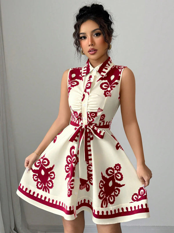 Women’s Fashion Printed Waist Tie Sleeveless Dress - Red / S