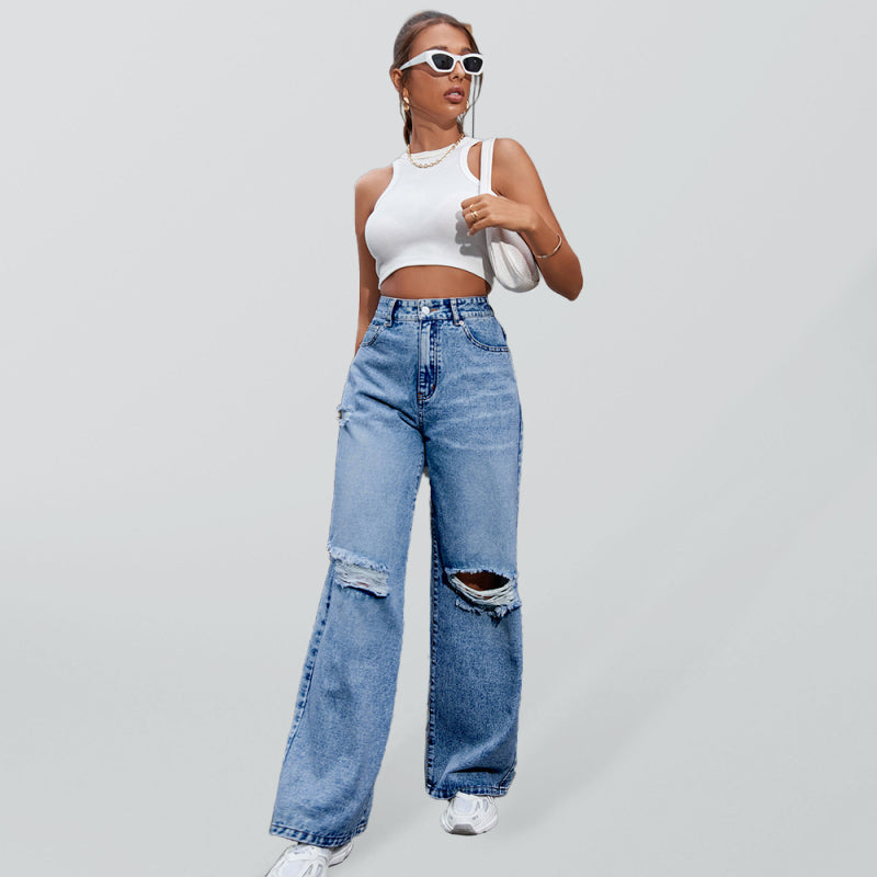 Women’s Fashion ripped high waist wide leg casual denim trousers - Purplish blue navy / L