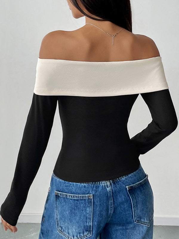 Women’s Fashion Short Tops Long Sleeve Foreign Trade Off-shoulder One-shoulder Collar Bowknot T-shirt