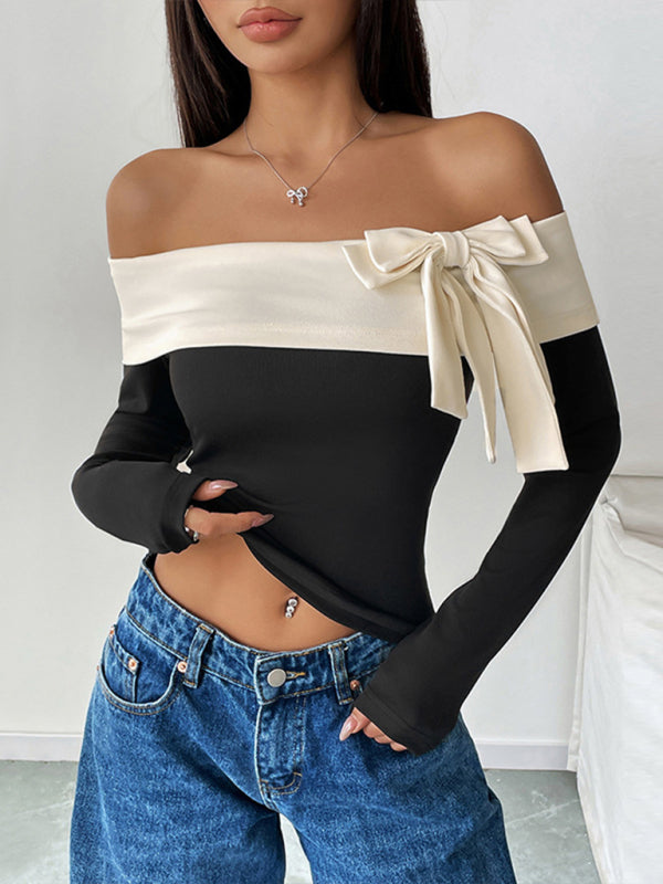 Women’s Fashion Short Tops Long Sleeve Foreign Trade Off-shoulder One-shoulder Collar Bowknot T-shirt - Black / S