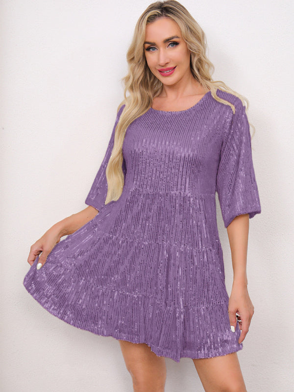 Purple pleated dress from Women’s Fashion Solid Color Loose Waist Short Sleeve Short Skirt Sequined Dress for Party or Banquet