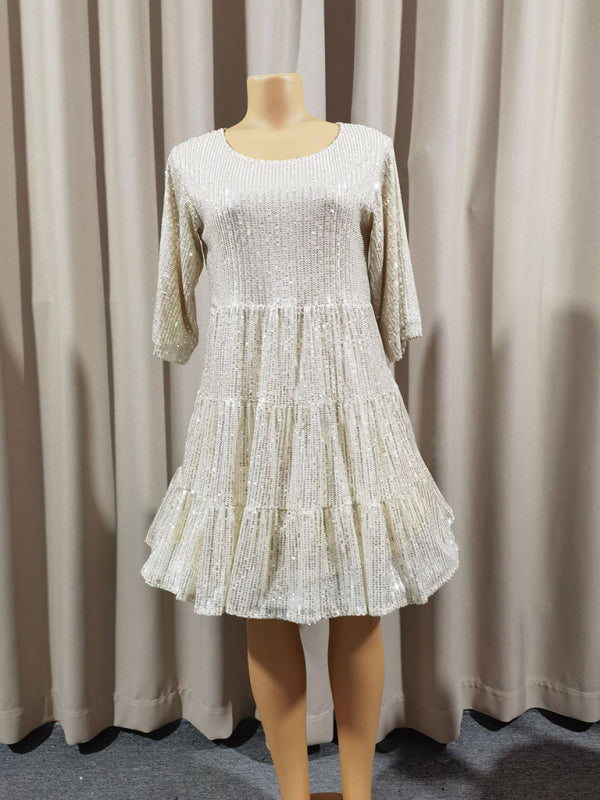 White sequined tiered dress for women’s party and banquet occasions