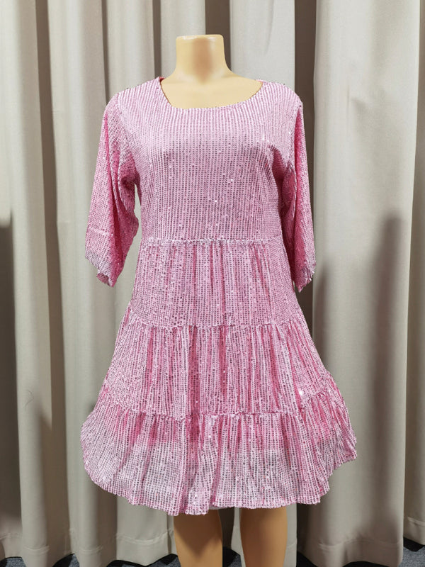 Pink sequined tiered dress for women’s party and banquet occasions