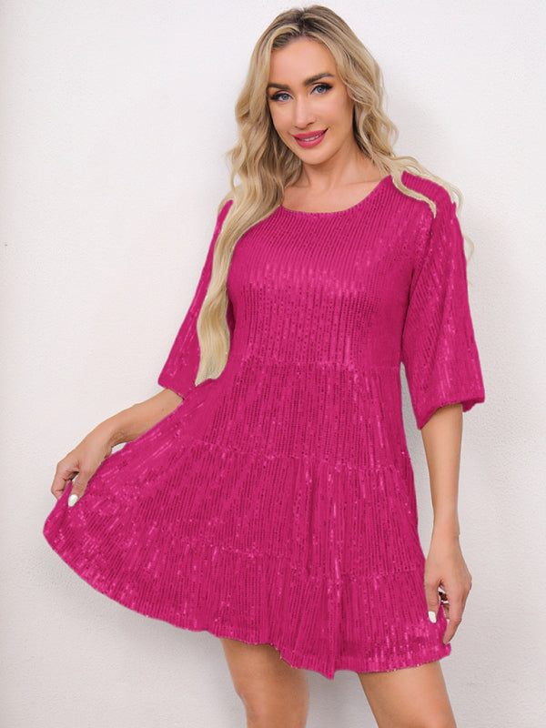 Magenta textured dress displayed in Women’s Fashion Solid Color Loose Waist Short Sleeve Skirt Party Dress