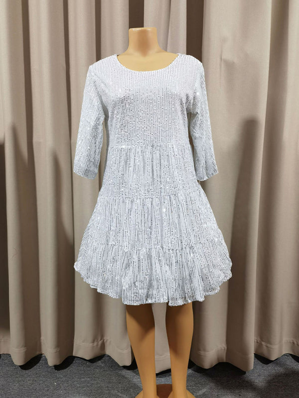 White tiered dress, women’s solid color short sleeve skirt for parties and banquets