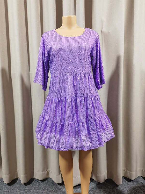 Purple sequined tiered dress for women in solid color short sleeve design for parties