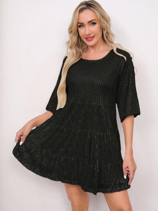 Black tiered dress from Women’s Fashion Solid Color Loose Waist Short Sleeve Short Skirt Sequined Dress for parties