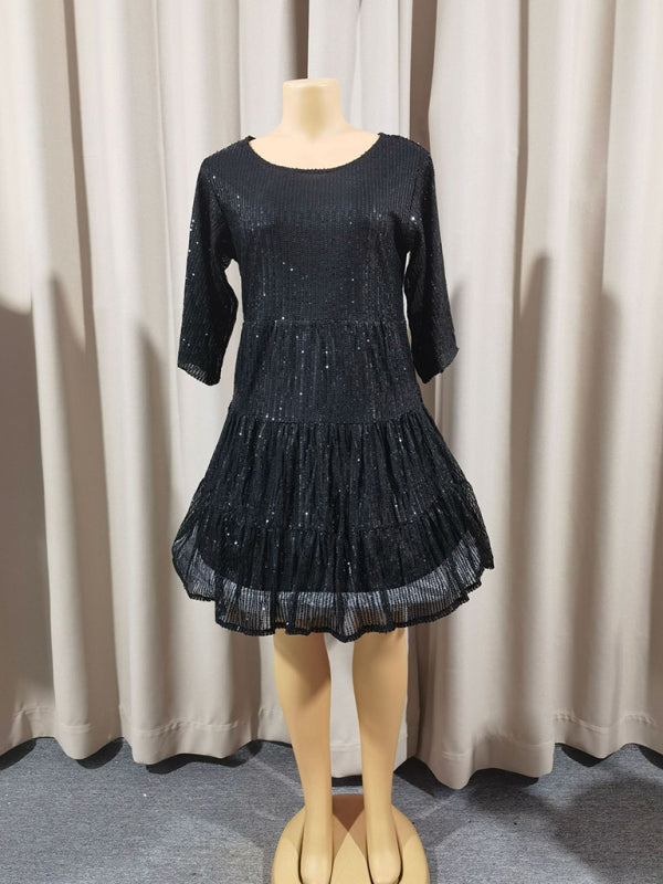 Black tiered dress with three-quarter sleeves from Women’s Fashion Solid Color collection