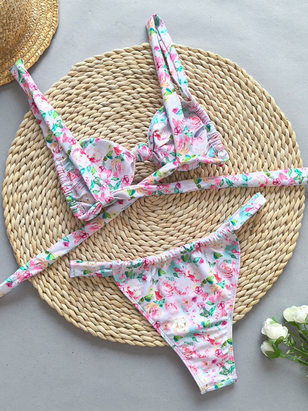 Women’s Fashion Strappy Floral Print Solid Color Bikini