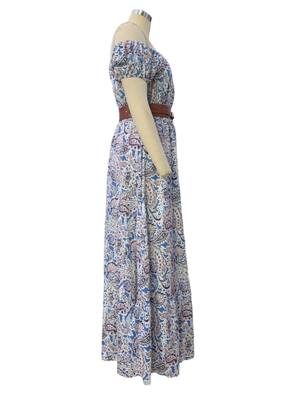 Women’s Fashionable Boat Neck Short Sleeve Bohemian Dress