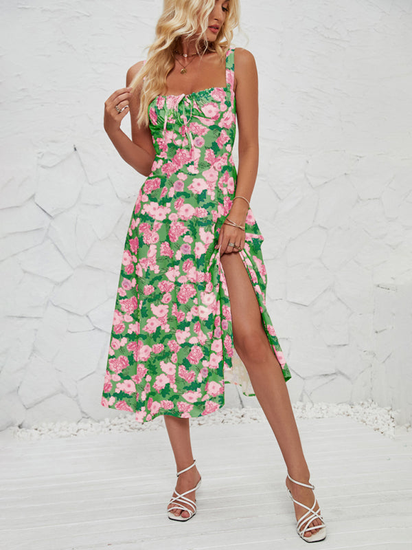 Women’s Fashionable Floral Pastoral Long Dress - Green / S