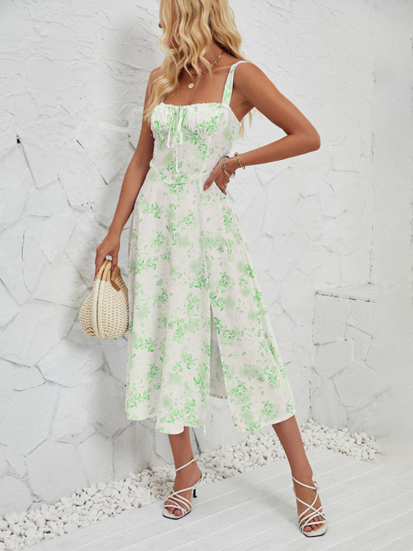Women’s Fashionable Floral Pastoral Long Dress - Pale green / S