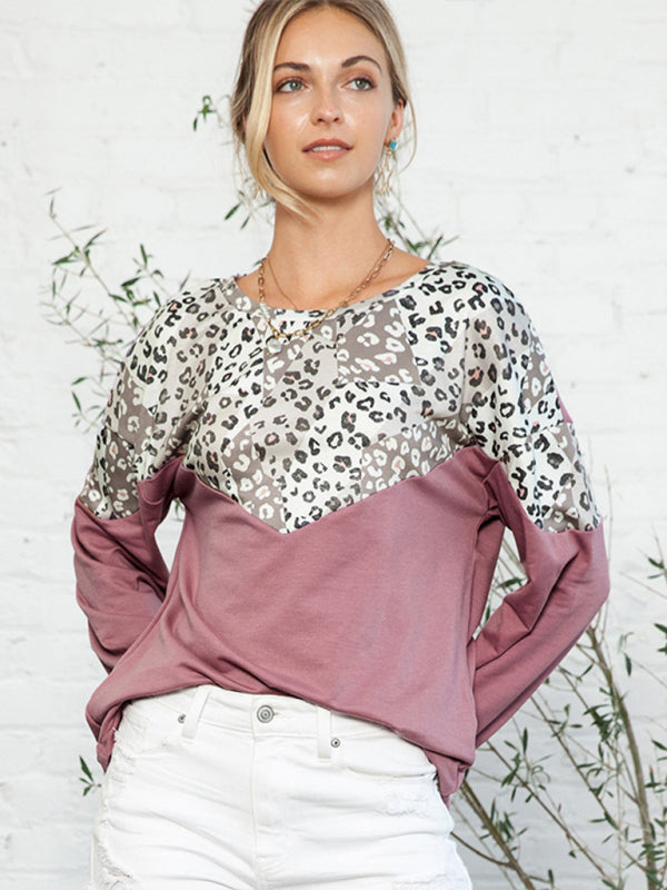 Women’s fashionable leopard print contrast sweatshirt - Pink / S