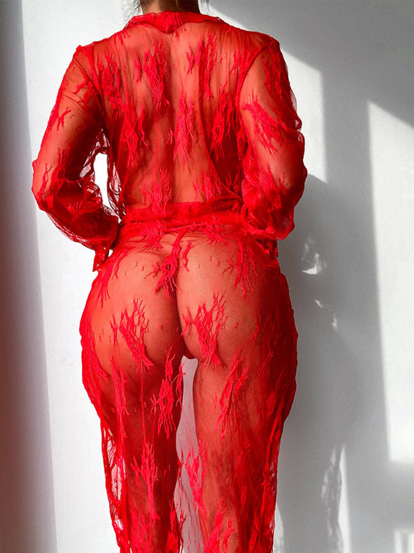 Red sheer lace weaving type outfit from Women’s fashionable mesh two-piece set