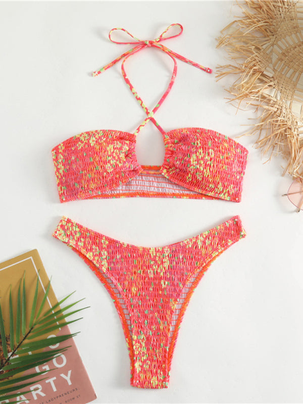 Women’s floral print pleated suspenders sexy lace-up two-piece bikini - Red / S