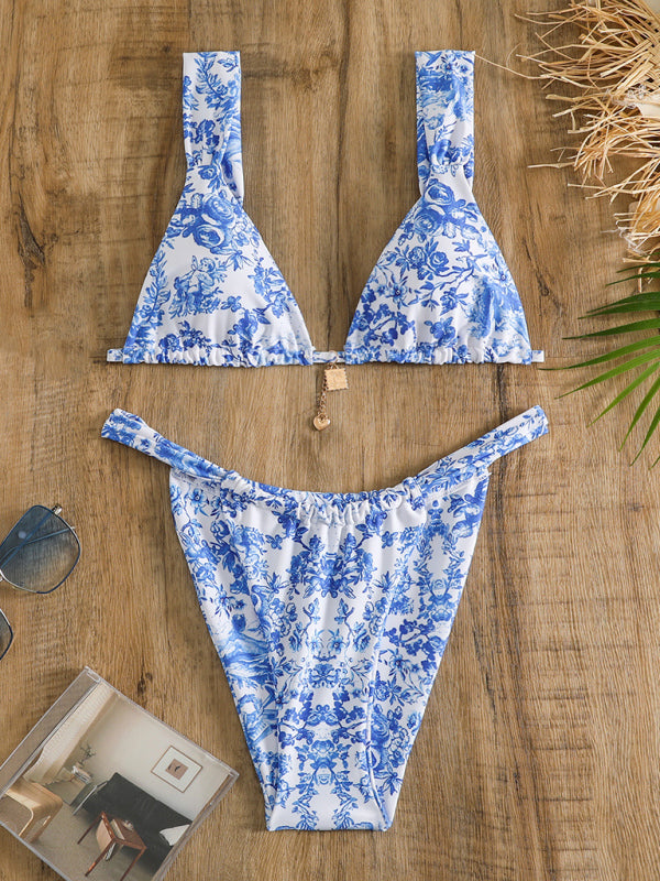 Women’s flower print suspenders sexy lace-up two-piece bikini