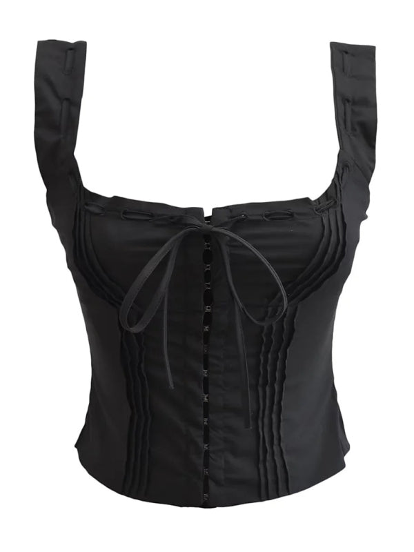 Women’s French sweet and gentle fresh lace-up halter top fishbone hook short top - Black / S