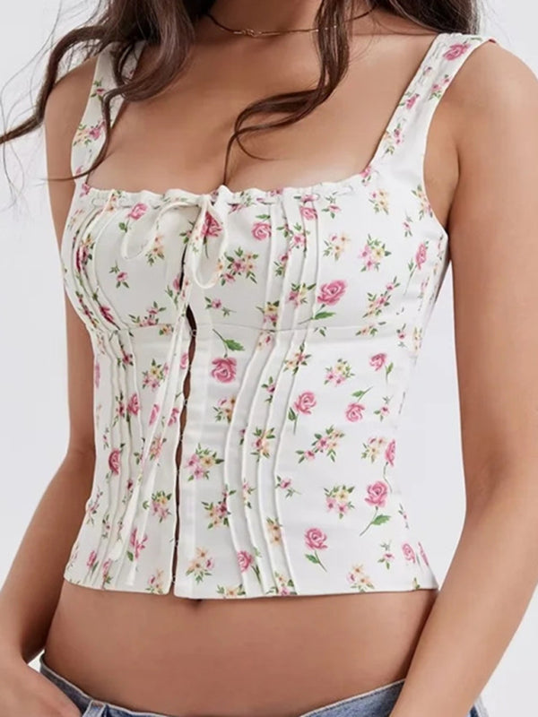 Women’s French sweet and gentle fresh lace-up halter top fishbone hook short top - Pink / S