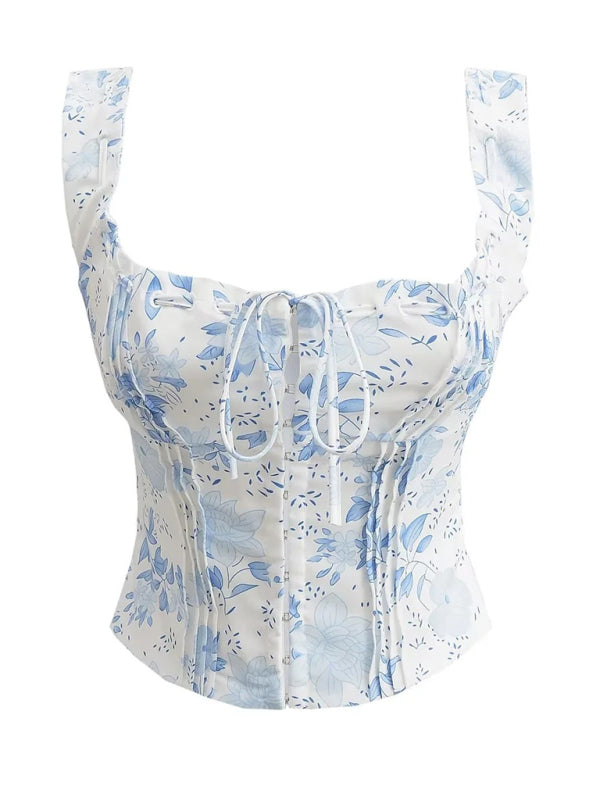 Women’s French sweet and gentle fresh lace-up halter top fishbone hook short top - Blue / S