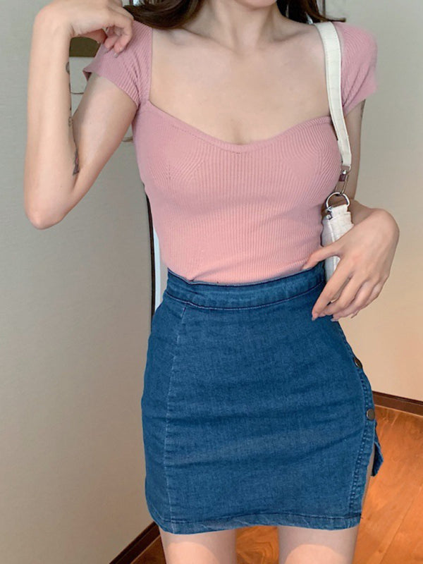 Women’s generous square collar solid color short top slim fit thin short-sleeved sweater summer