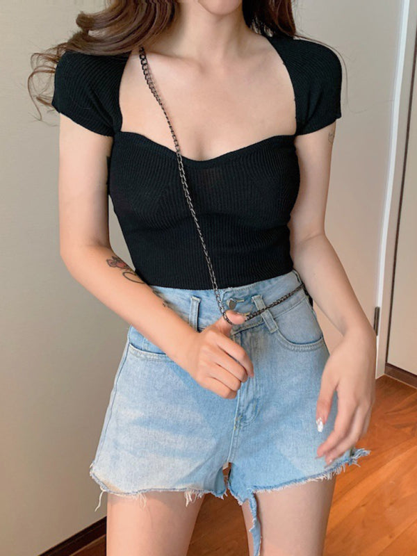 Women’s generous square collar solid color short top slim fit thin short-sleeved sweater summer - Black / FREESIZE