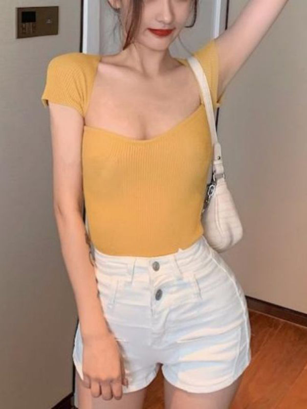 Women’s generous square collar solid color short top slim fit thin short-sleeved sweater summer - Yellow / FREESIZE
