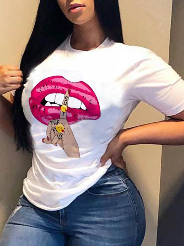 Women’s Graphic Lip Print Leisure T-Shirt - Pattern3 / S