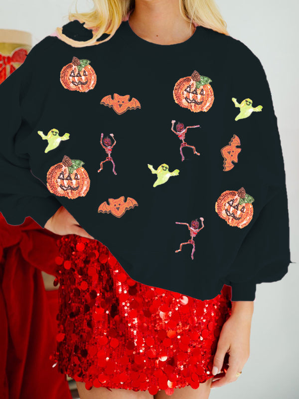 Women’s Halloween Multicolor Sequins Loose Long Sleeve Sweatshirt Round Neck Top - Black / S