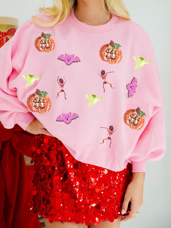 Women’s Halloween Multicolor Sequins Loose Long Sleeve Sweatshirt Round Neck Top - Pink / S