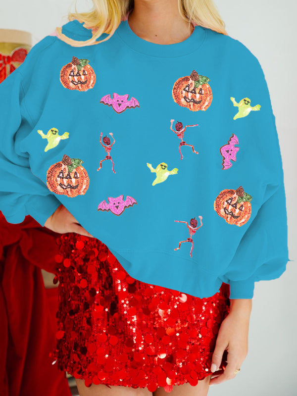 Women’s Halloween Multicolor Sequins Loose Long Sleeve Sweatshirt Round Neck Top - Blue / S