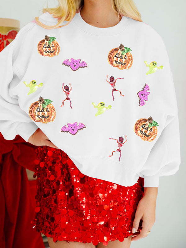 Women’s Halloween Multicolor Sequins Loose Long Sleeve Sweatshirt Round Neck Top - White / S