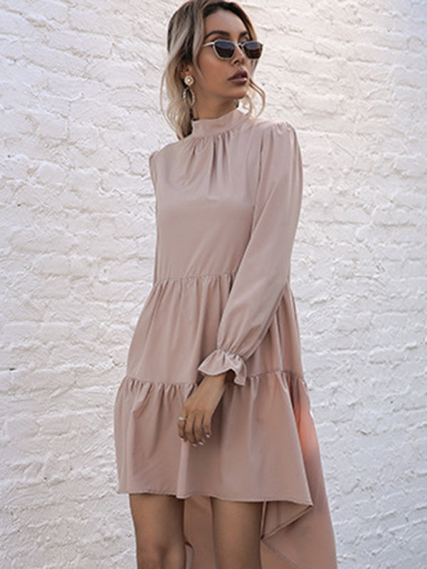 Women’s High-Neck Ruffle Hem Long Sleeve Dress