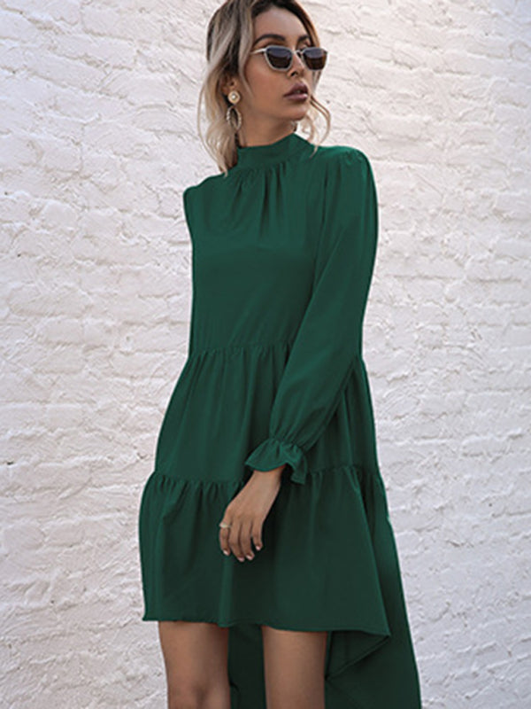 Women’s High-Neck Ruffle Hem Long Sleeve Dress