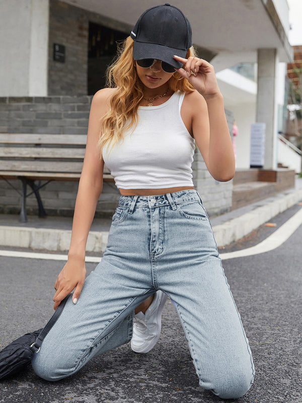 Women’s high waist all-match denim straight-leg trousers