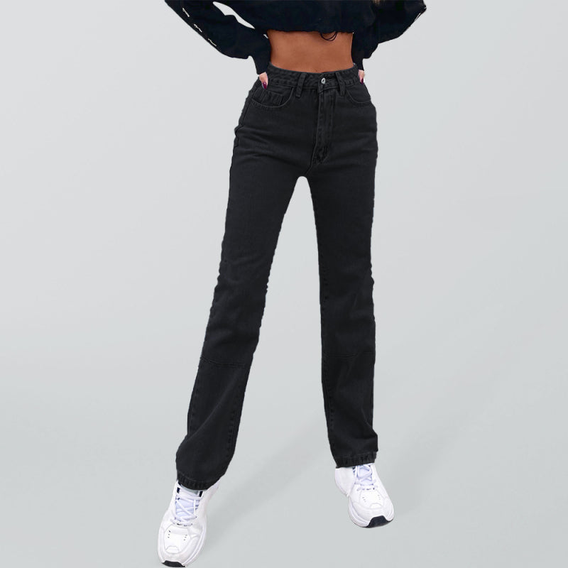 Women’s high waist all-match denim straight-leg trousers - Black / XS