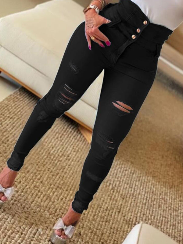 women’s high waist ripped jeans pencil pants - Black / S
