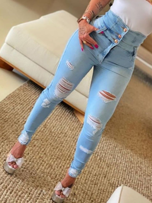 women’s high waist ripped jeans pencil pants - Blue / S