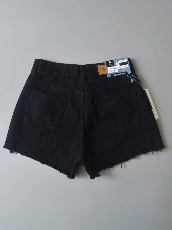 Women’s high-waisted buttoned-up washed ripped raw edge denim shorts hot pants