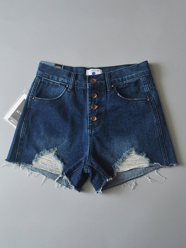 Women’s high-waisted buttoned-up washed ripped raw edge denim shorts hot pants - Dark blue / S