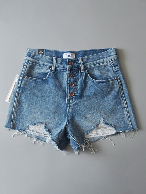 Women’s high-waisted buttoned-up washed ripped raw edge denim shorts hot pants - Clear blue / S
