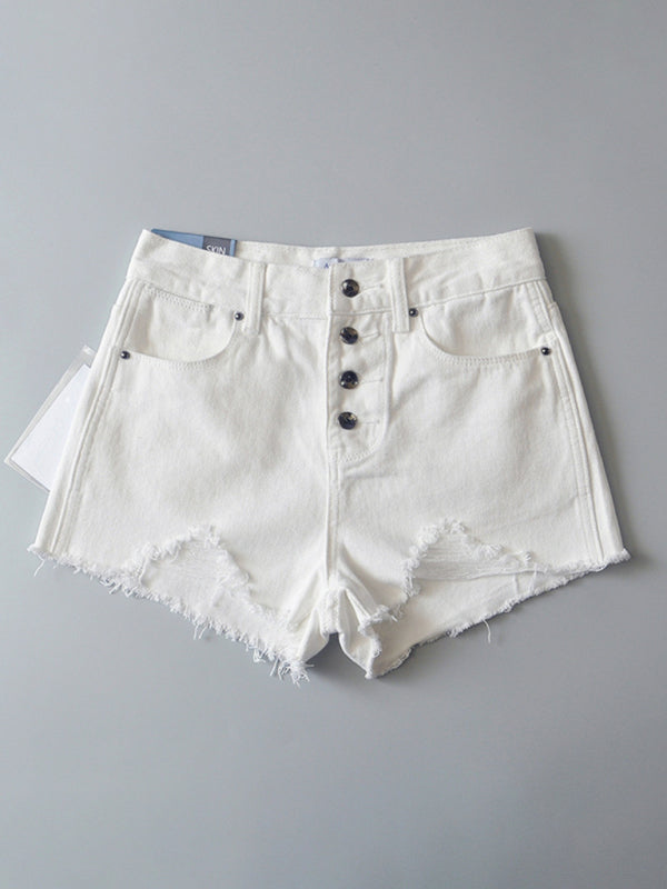 Women’s high-waisted buttoned-up washed ripped raw edge denim shorts hot pants - White / S
