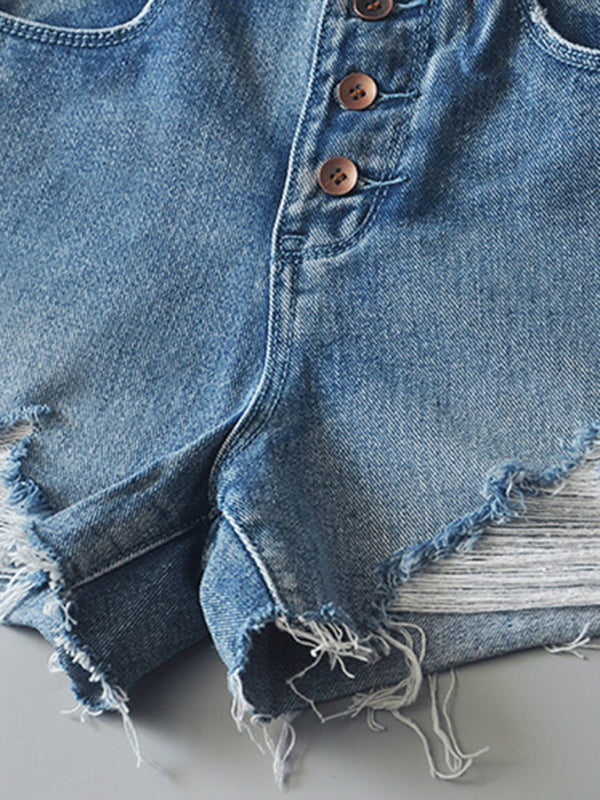 Women’s high-waisted buttoned-up washed ripped raw edge denim shorts hot pants