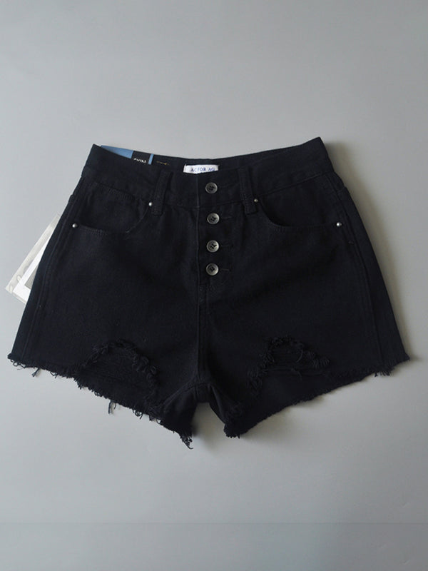 Women’s high-waisted buttoned-up washed ripped raw edge denim shorts hot pants - Black / S