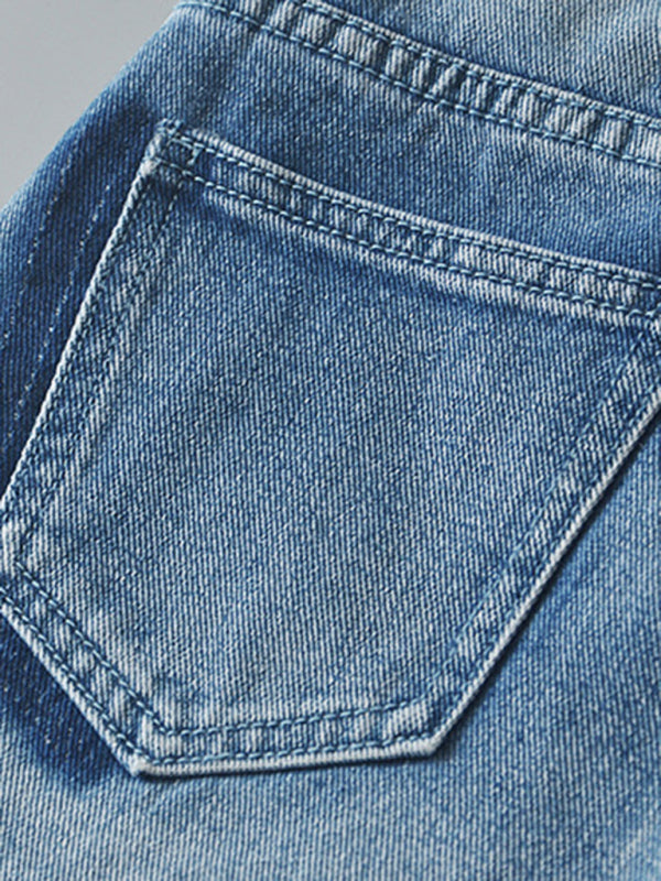 Women’s high-waisted buttoned-up washed ripped raw edge denim shorts hot pants