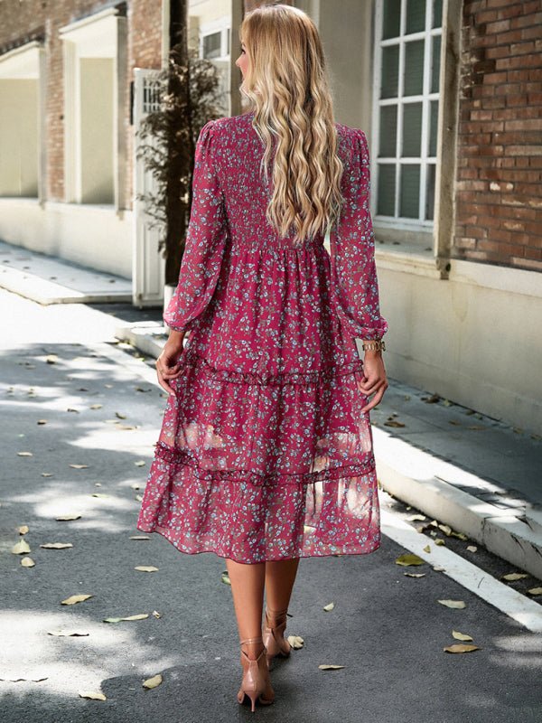 Women's holiday casual floral earring dress - Closther