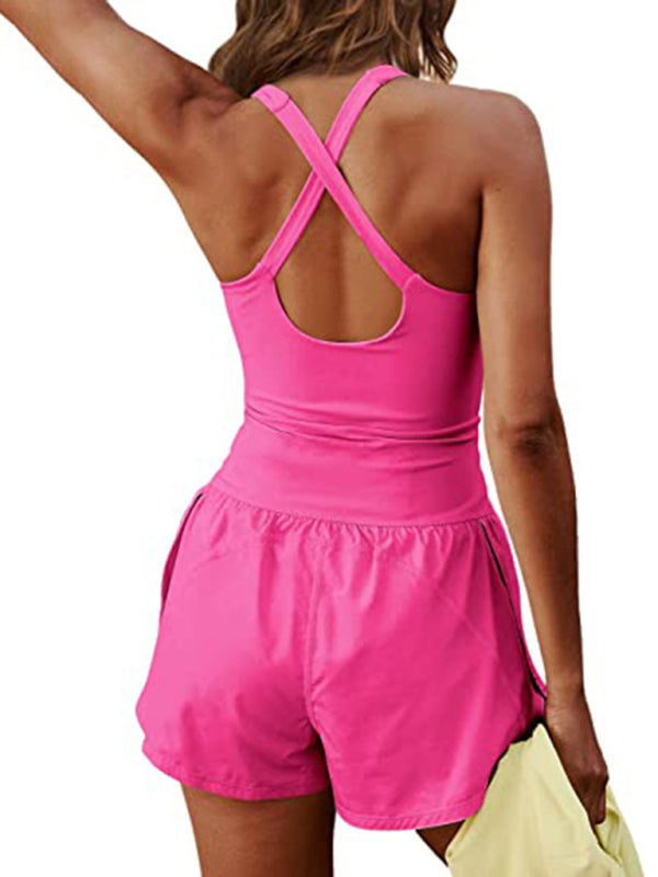 Women’s Hollow Cross Loose Fitness Wear Tank Top Jumpsuit
